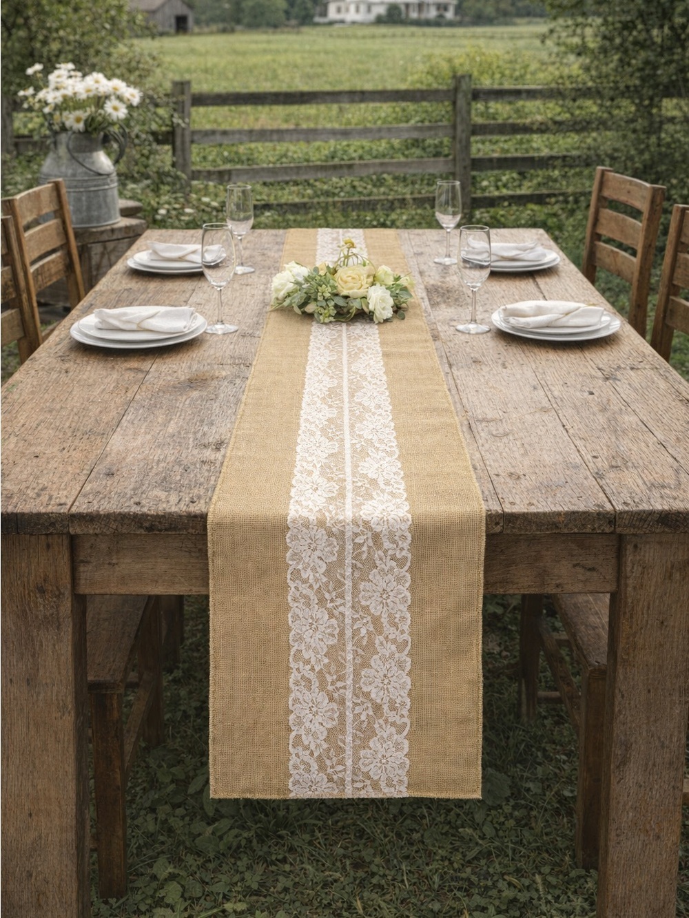 116” x 12” Burlap Lace Table Runner Rustic Farmhouse Wedding Decor Boho - Picture 1 of 6